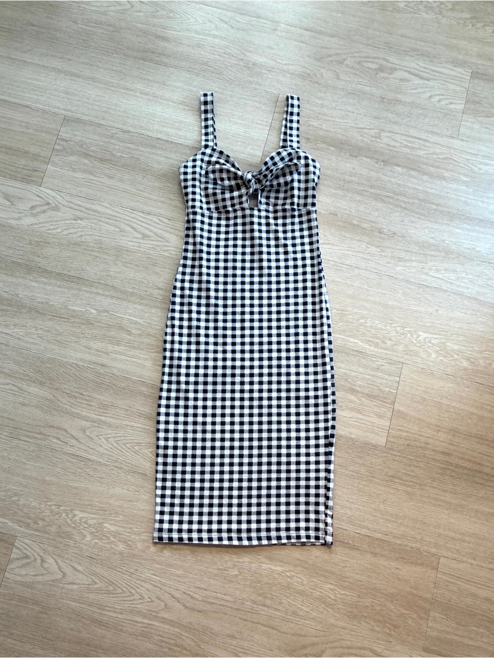 Forever 21 Gingham Black and White Bodycon Knit Midi Dress Front-Tie Sz Small
